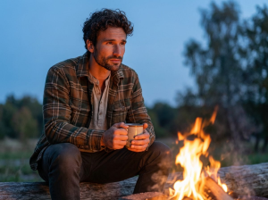 Jonah Mercer thinking by the camp fire