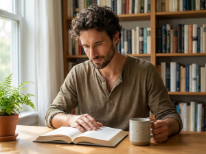 Jonah Mercer Reading a Book with Tea